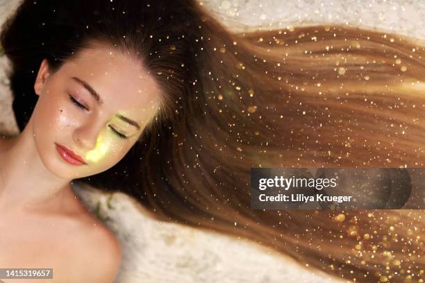 beautiful young girl with long hair. - glitter hair stock-fotos und bilder