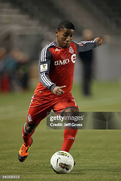 Jou Plata of Toronto FC attacks against the Los Angeles Galaxy during a CONCACAF Champions League game at The Home Depot Center on March 14, 2012 in...