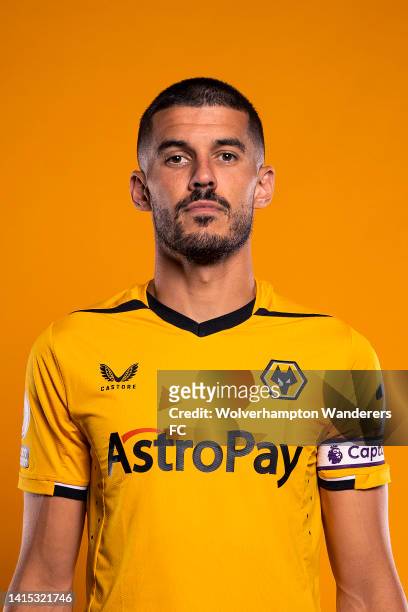 Conor Coady of Wolverhampton Wanderers poses for a portrait during the Wolverhampton Wanderers Media Access Day at Molineux on August 03, 2022 in...