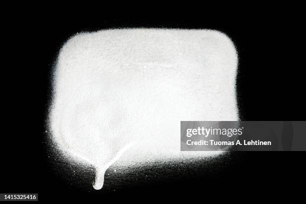 close-up of a white spray paint rectangle shape with splashes and drip, isolated on black background. copy space. - white splatter stock pictures, royalty-free photos & images