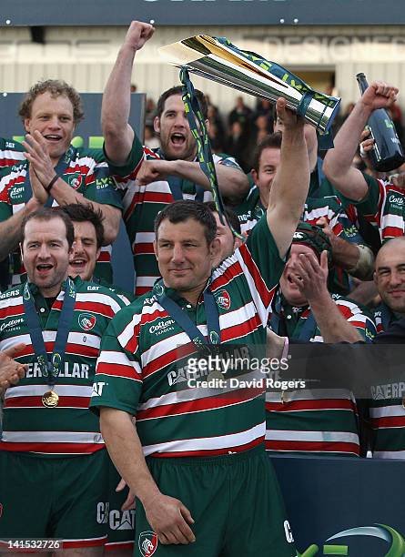 Julian White of Leicester Tigers celebrates after their victory during the LV=Cup Final between Leicester Tigers and Northampton Saints at Sixways...