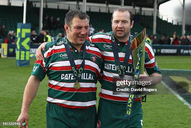 Julian White the Leicester Tigers prop, who retires at the end of the season sheds a tear on the lap of honour with club captain Geordan Murphy...