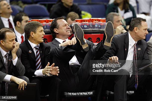 Head coach Mark Gottfried of the North Carolina State Wolfpack reacts to a call in the second half against the Georgetown Hoyas during the third...