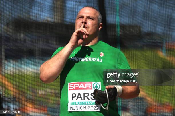 Krisztian Pars of Hungary celebrates in the Men's Hammer Throw Qualification Group A during the Athletics competition on day 7 of the European...