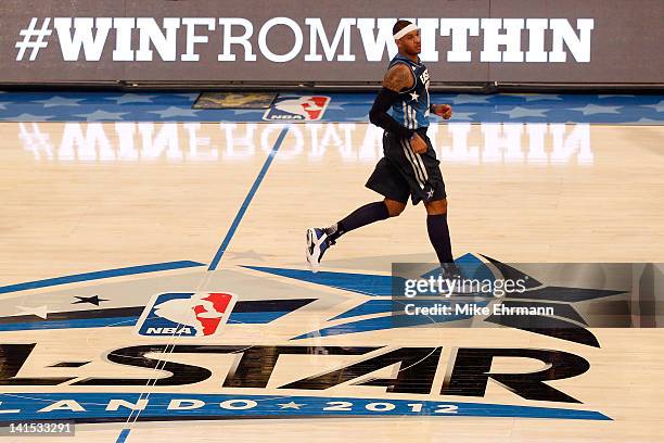 Carmelo Anthony of the New York Knicks and the Eastern Conference runs up court during the 2012 NBA All-Star Game at the Amway Center on February 26,...