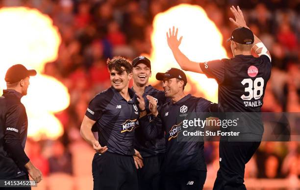 Originals bowler Sean Abbott is congratulated after taking the wicket of Tom Banton during The Hundred match between Manchester Originals Men and...