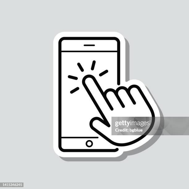 touch smartphone with hand. icon sticker on gray background - tapping ipad stock illustrations
