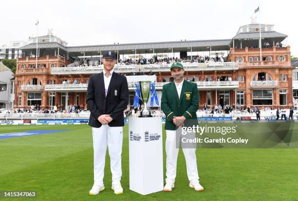 England captain Ben Stokes and South Africa captain Dean Elgar pose with series trophy ahead of day one of the First LV= Insurance Test Match between...