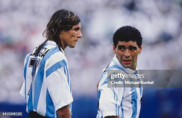 Argentine professional football players Claudio Caniggia and Diego Armando Maradona during the 1994 FIFA World Cup Group D match Argentina vs Nigeria...