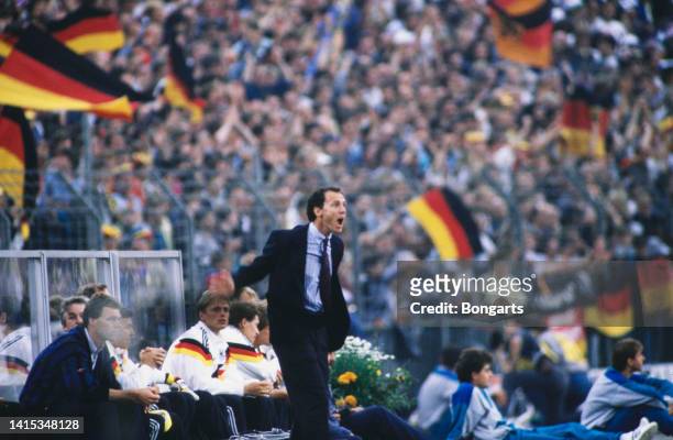 German soccer manager Franz Beckenbauer, manager of the West Germany team, shouts to his team from the bench during UEFA Euro 1988 Group 1 match West...