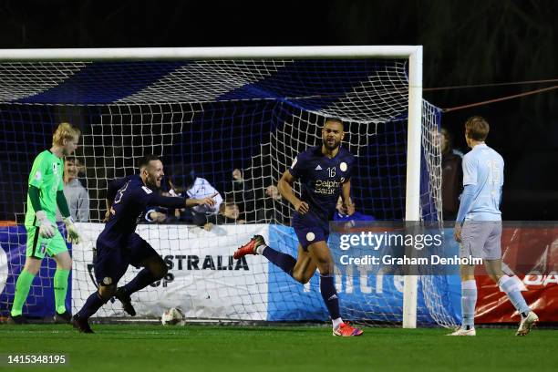 Nicolas Niagioran of the Oakleigh Cannons celebrates his goal during the Australia Cup Rd of 16 match between Oakleigh Cannons FC and Brisbane City...