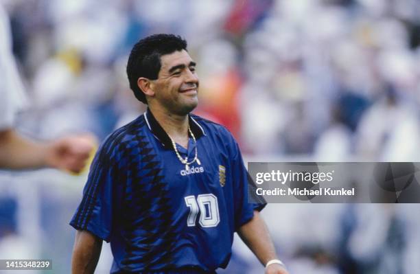 Argentine professional football player Diego Armando Maradona smiling during the 1994 FIFA World Cup Group D match Argentina vs Greece at Foxboro...