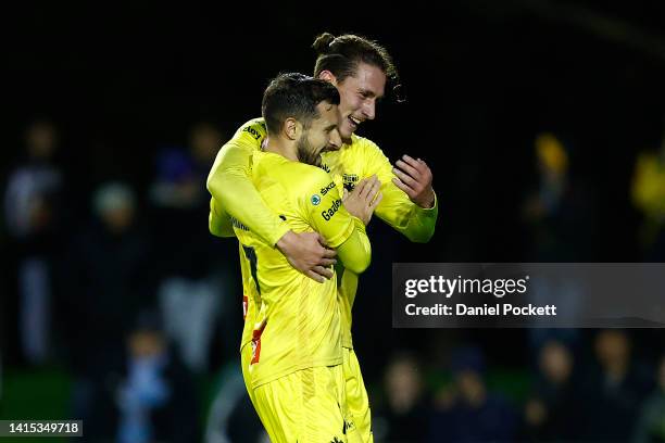 Kosta Barbarouses of the Phoenix celebrates kicking a goal during the Australia Cup Rd of 16 match between Melbourne City FC and Wellington Phoenix...