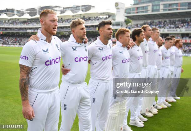 England line up for the national anthems ahead of day one of the First LV= Insurance Test Match between England and South Africa at Lord's Cricket...