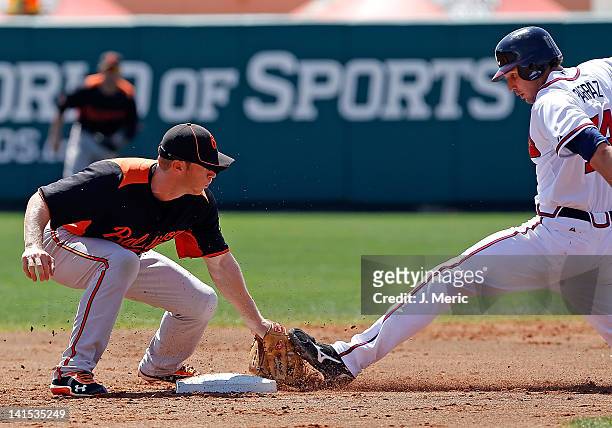 Outfielder Jordan Parraz of the Atlanta Braves is tagged out on a steal attempt by infielder Matt Antonelli of the Baltimore Orioles during a...