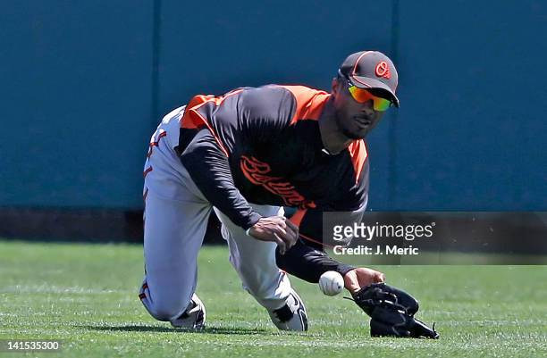 Outfielder Jai Miller of the Baltimore Orioles cannot come up with this catch against the Atlanta Braves during a Grapefruit League Spring Training...