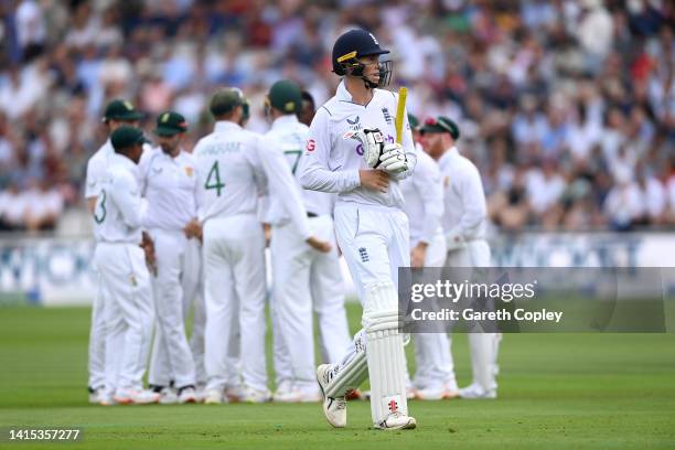 Zak Crawley of England leaves the field after being dismissed by Kagiso Rabada of South Africa during day one of the First LV= Insurance Test Match...