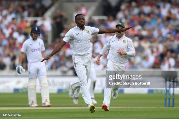 Kagiso Rabada of South Africa celebrates after taking the wicket of Zak Crawley of England during day one of the First LV= Insurance Test Match...