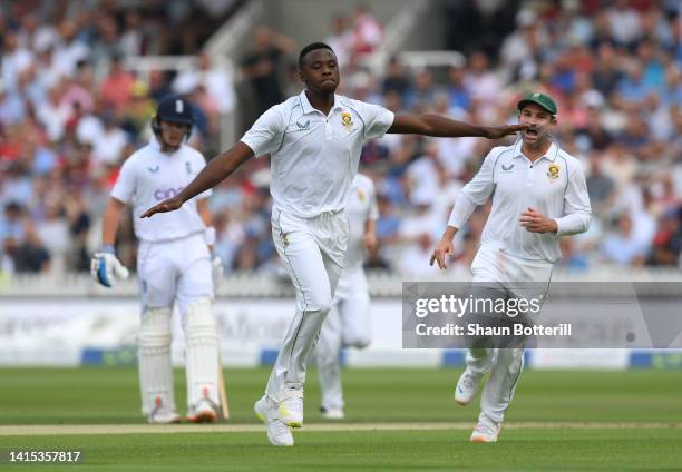 Kagiso Rabada of South Africa celebrates after taking the wicket of Zak Crawley of England during day one of the First LV= Insurance Test Match...