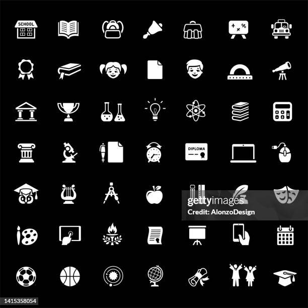 white back to school icon set on black background. - elementary-school-icons stock illustrations
