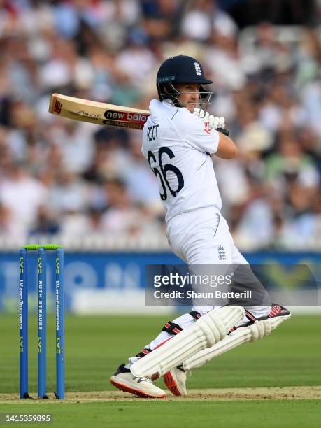 Joe Root of England plays a shot during day one of the First LV= Insurance Test Match between England and South Africa at Lord's Cricket Ground on...