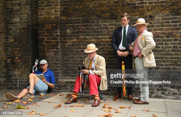 Members wait in the queue outside the gates before the first Test between England and South Africa at Lord's Cricket Ground on August 17, 2022 in...