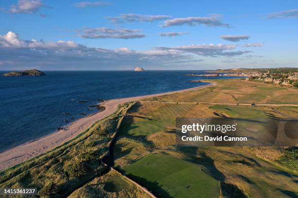 An aerial view of the 474 yards par 4, third hole 'Trap' with the par 3, 15th hole 'Redan' at North Berwick Golf Club on August 04, 2022 in North...