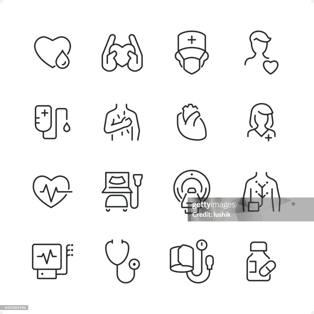 Cardiology - Pixel Perfect line icon set, editable stroke weight.