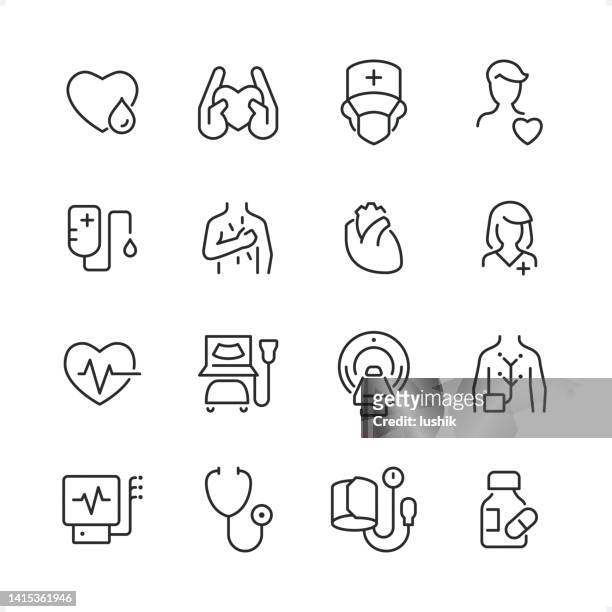 cardiology - pixel perfect line icon set, editable stroke weight. - sick icon stock illustrations