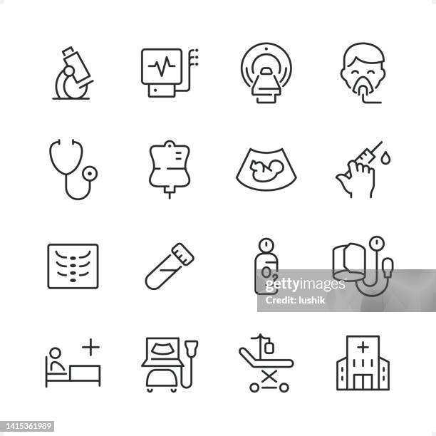 ilustraciones, imágenes clip art, dibujos animados e iconos de stock de equipo de diagnóstico médico: conjunto de iconos de línea pixel perfect, peso de carrera editable. - ultrasound scan