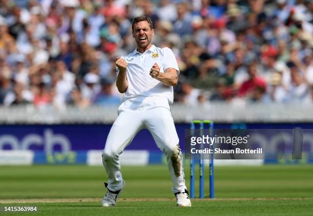 Anrich Nortje of South Africa celebrates after bowling Jonathan Bairstow of England during day one of the First LV= Insurance Test Match between...