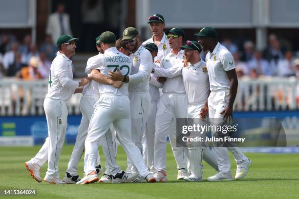 Anrich Nortje of South Africa celebrates bowling out Jonny Bairstow of England during the first LV=Insurance test match between England and Australia...