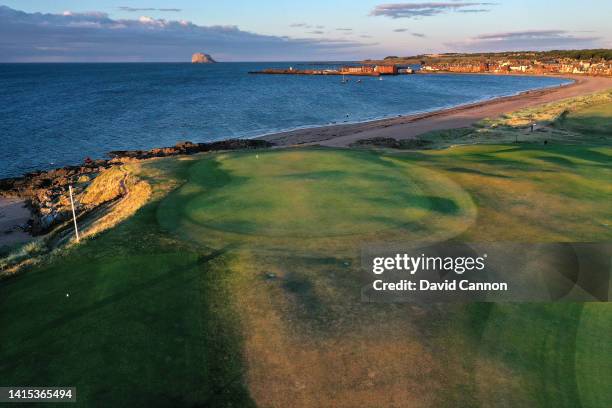 An aerial view of the green on the 342 yards par 4, first hole 'Point Garry ' at North Berwick Golf Club on August 04, 2022 in North Berwick,...