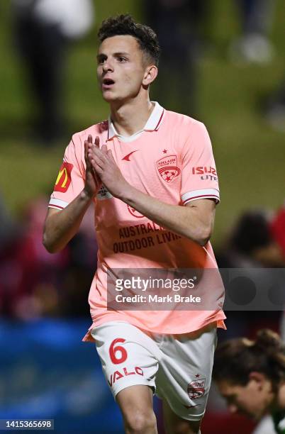 Louis D'Arrigo of Adelaide United celebrates after scoring his teams second goal during the Australia Cup Rd of 16 match between Adelaide City FC and...
