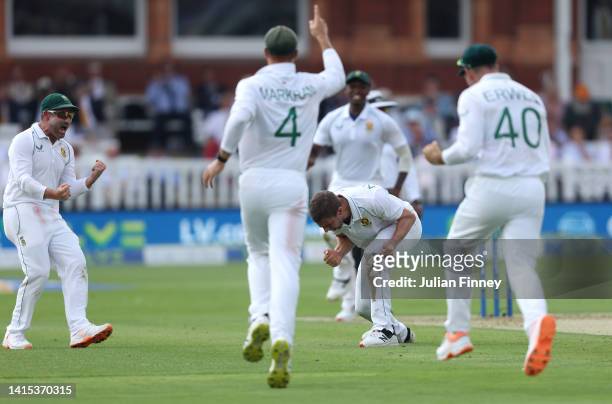 Anrich Nortje of South Africa celebrates taking the wicket of Ben Stokes of England during the first LV=Insurance test match between England and...
