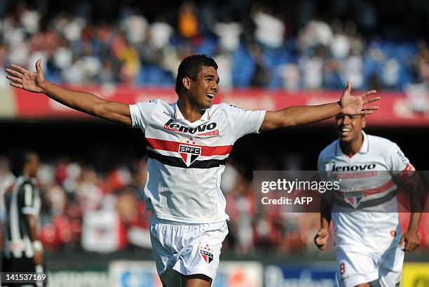 Casemiro , of Sao Paulo celebrates after scoring against Santos, during their Paulista championship football match, at Morumbi stadium in Sao Paulo,...