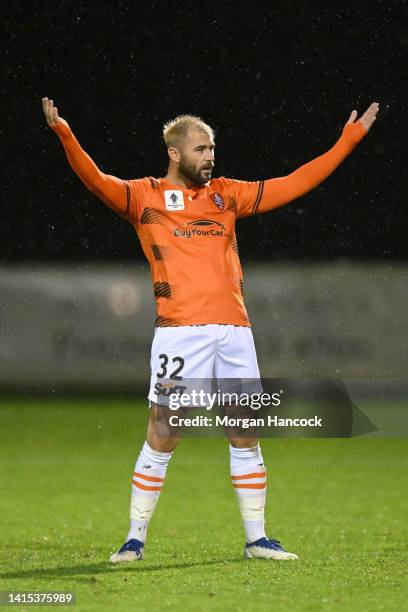 Charlie Austin of Brisbane Roar reacts after scoring a goal in a penalty shootout during the Australia Cup Rd of 16 match between Avondale FC and...