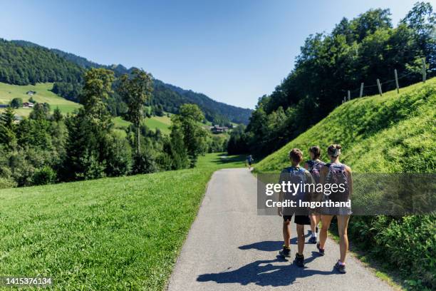 family hiking by the idyllic austrian countryside in the alps - vorarlberg, austria. - vorarlberg imagens e fotografias de stock