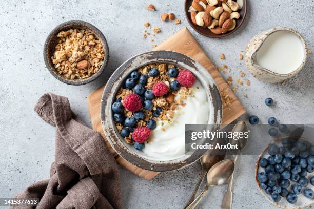 yogurt granola bowl with berries - granola stockfoto's en -beelden