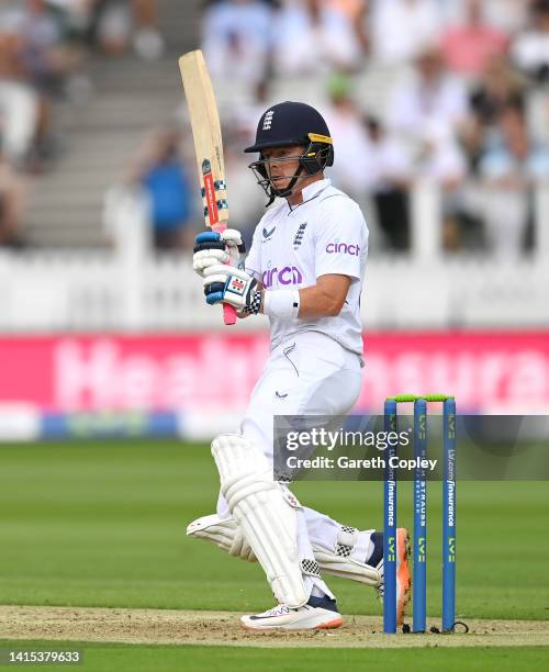 Ollie Pope of England bats during day one of the First LV= Insurance Test Match between England and South Africa at Lord's Cricket Ground on August...