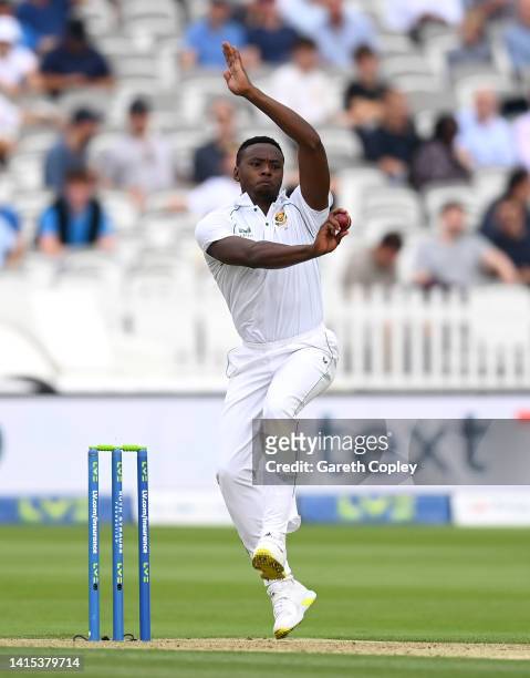 Kagiso Rabada of South Africa bowls during day one of the First LV= Insurance Test Match between England and South Africa at Lord's Cricket Ground on...