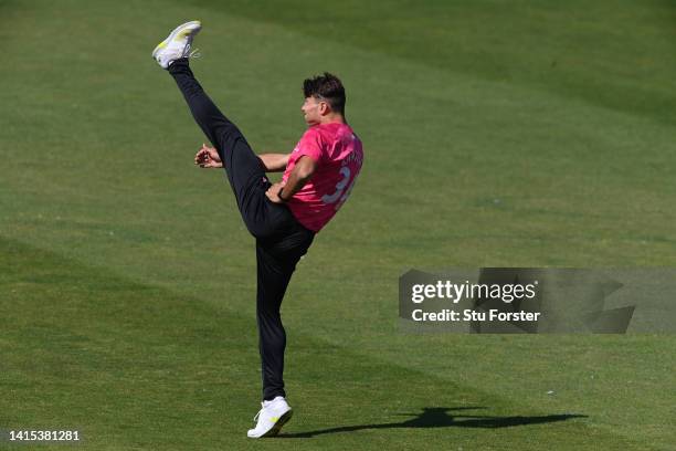 Sussex bowler Ari Karvelas warms up before beginning his opening over during the Royal London match between Durham and Sussex Sharks at Seat Unique...