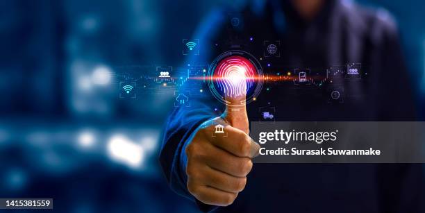 3d technology illustration a fingerprint scanner is integrated into the printed circuit. release binary code - digital fingerprint photos et images de collection