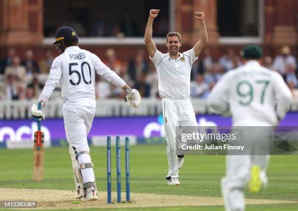 Anrich Nortje of South Africa celebrates taking the wicket of Ben Foakes of England during the first LV=Insurance test match between England and...