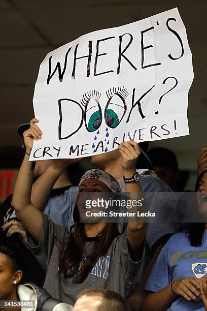 North Carolina Tar Heels fan holds up a sign referring to the Duke Blue Devils loss to Lehigh on Friday night in the second round of the 2012 NCAA...