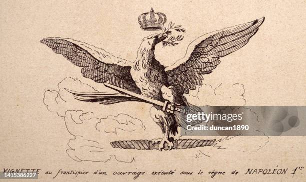 symbolic napoleonic eagle with crown, laurel wreath holding sword in its talon, french - imperialism stock illustrations