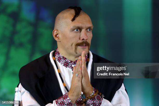 Oleksandr Usyk talks during the Rage on the Red Sea Press Conference at Shangri-La Hotel on August 17, 2022 in Riyadh, Saudi Arabia.