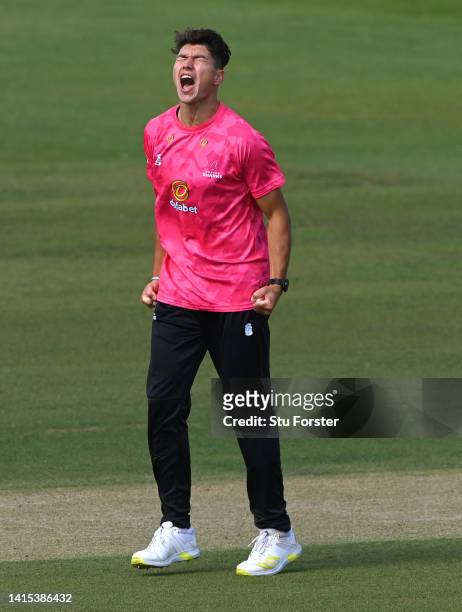 Sussex bowler Ari Karvelas celebrates after taking the wicket of Sean Dickso during the Royal London match between Durham and Sussex Sharks at Seat...