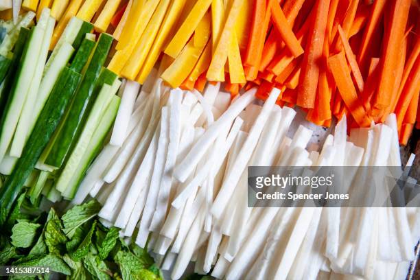 high angle view of raw vegetables, close-up - jicama stock-fotos und bilder