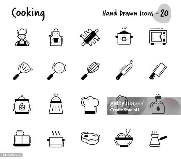 cooking hand drawn icons - making lunch stock illustrations